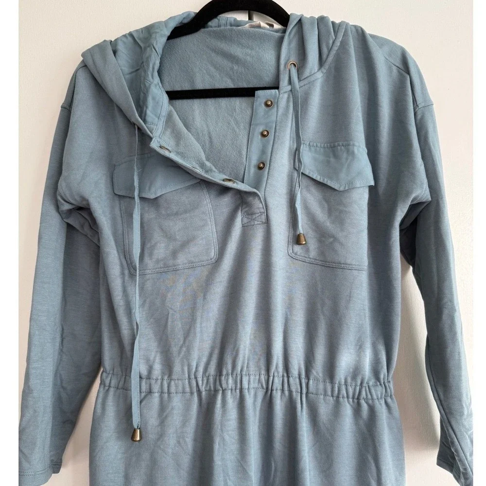 Soft Surroundings Hooded‎ Henley Midi Dress Blue Grey Elastic Waist Small